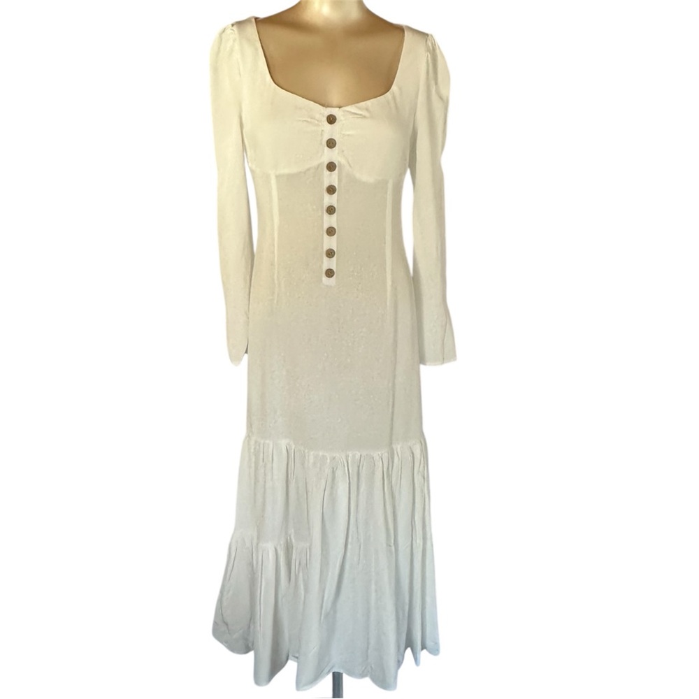 Ivory Cottagecore Prairie Dress Medium - Square Neck Button Front Boho